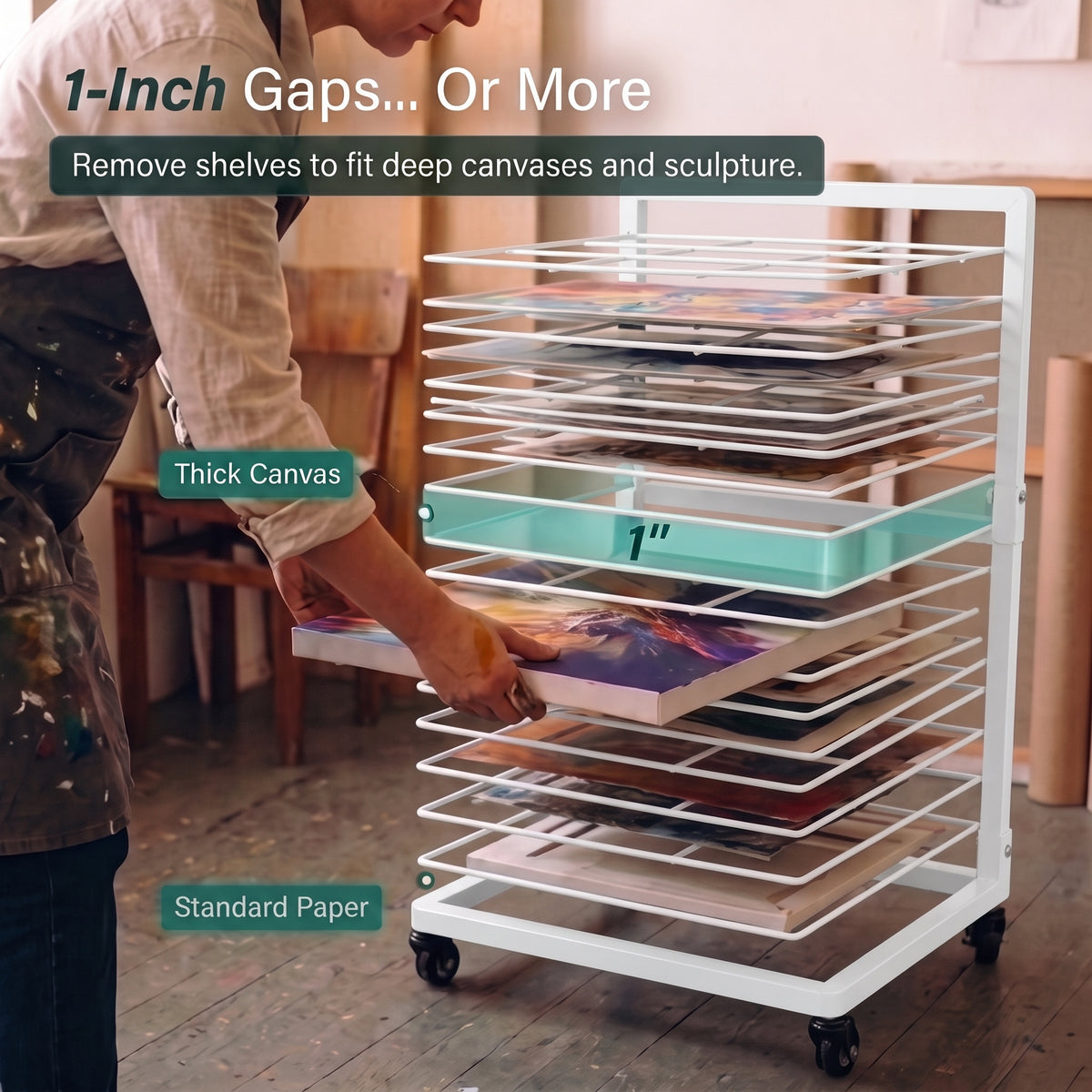 Gaps in between each shelf on the drying rack